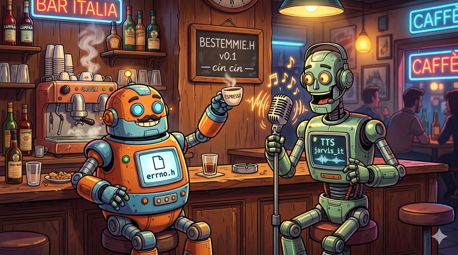 due robot cartoon al bar italiano, uno col microfono vintage, l'altro brinda col caffe'