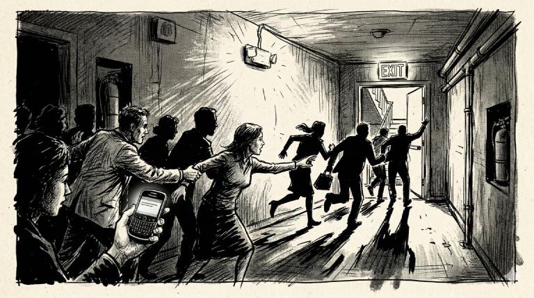 Emergency lights flicker on in a dark hallway, silhouettes stampeding for the stairs