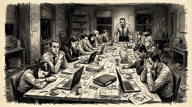 The final meeting — fifteen exhausted sysadmins around a table, one still standing