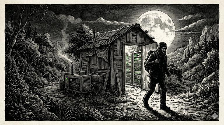 A sysadmin walks out of a small data center into the night, a harvest moon rising over an overgrown landscape