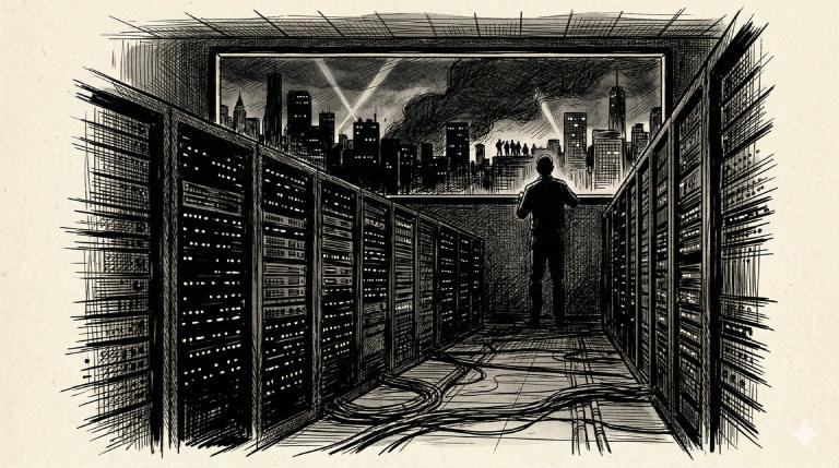 A server room lit only by blinking LEDs, a city skyline going dark through the window