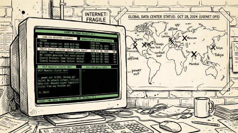 A Usenet newsreader filled with disaster recovery threads, a world map with X marks on the wall