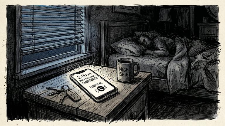 A phone glowing on a nightstand in the dark — the 2AM emergency call