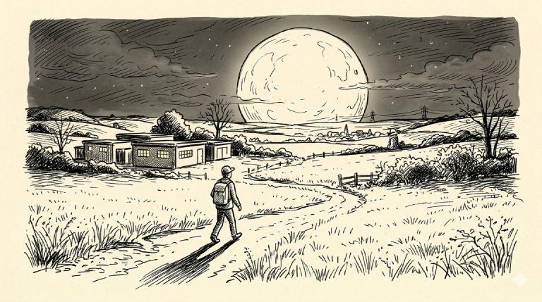 A lone figure walking under a harvest moon, a small data center glowing behind him