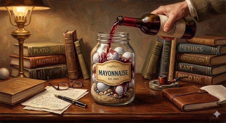 The mayonnaise jar and two glasses of wine