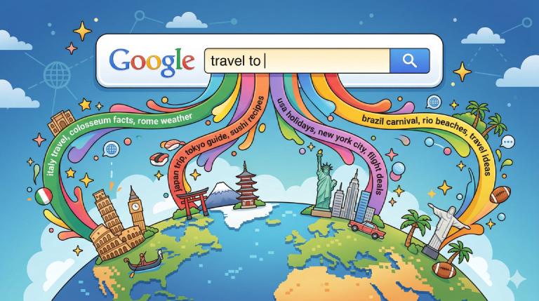A search bar with autocomplete ribbons connecting to world landmarks on a stylized globe