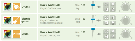 L’area tracce — icone strumenti, BPM, knob di volume e pan per traccia