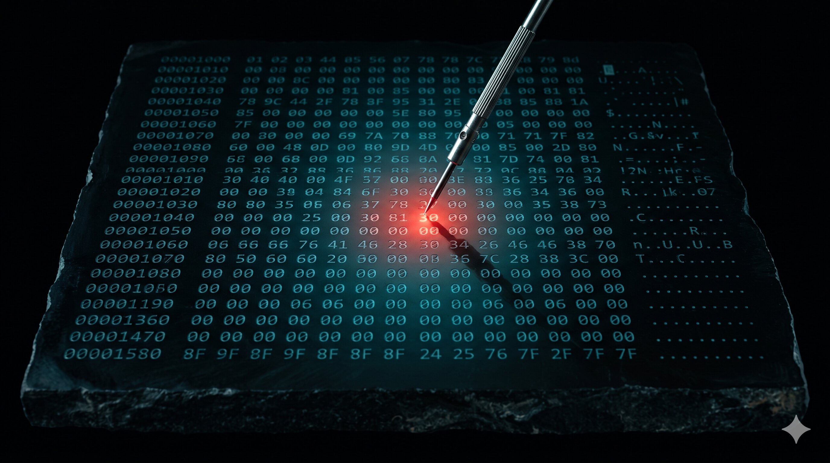 Hex editor view carved into obsidian — a single byte highlighted red, a precision tool hovering over it