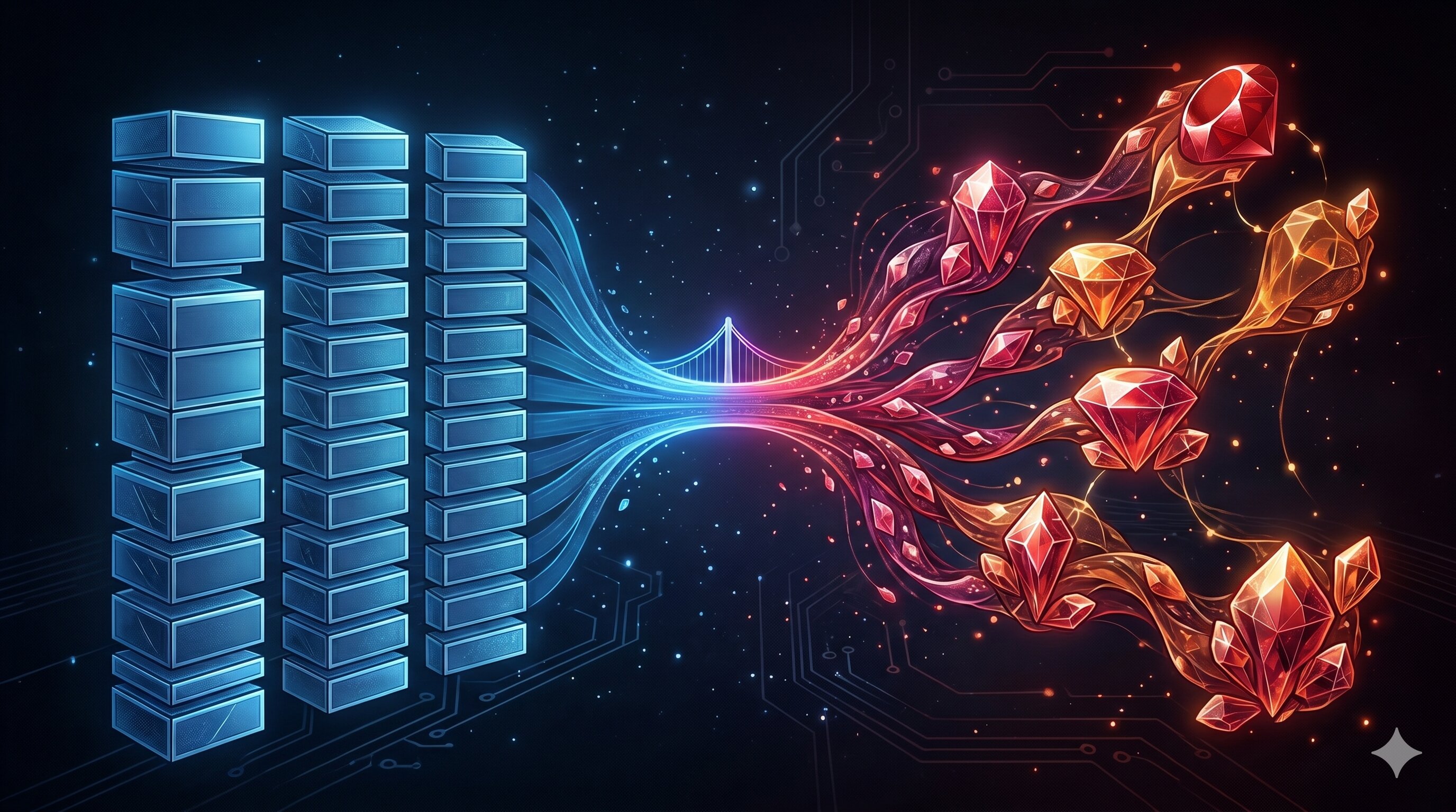 C struct blocks transforming into Ruby crystals across a bridge