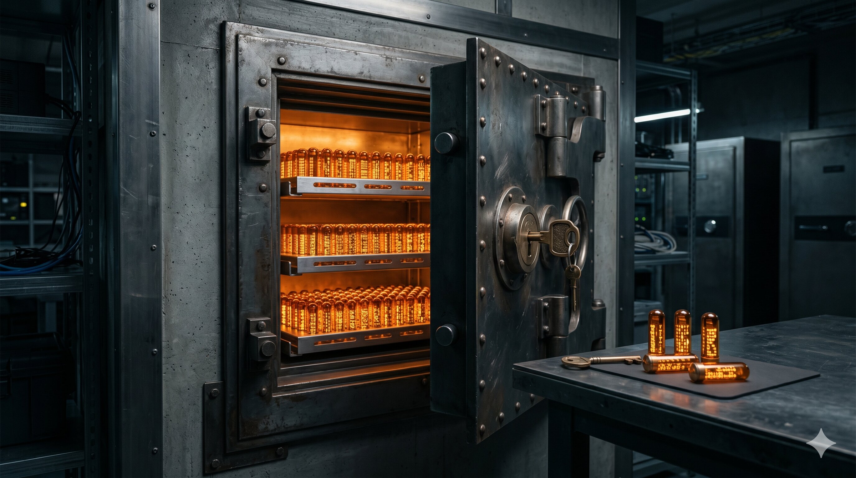 A metal vault opened to reveal glowing amber capsules — encrypted DPX tokens
