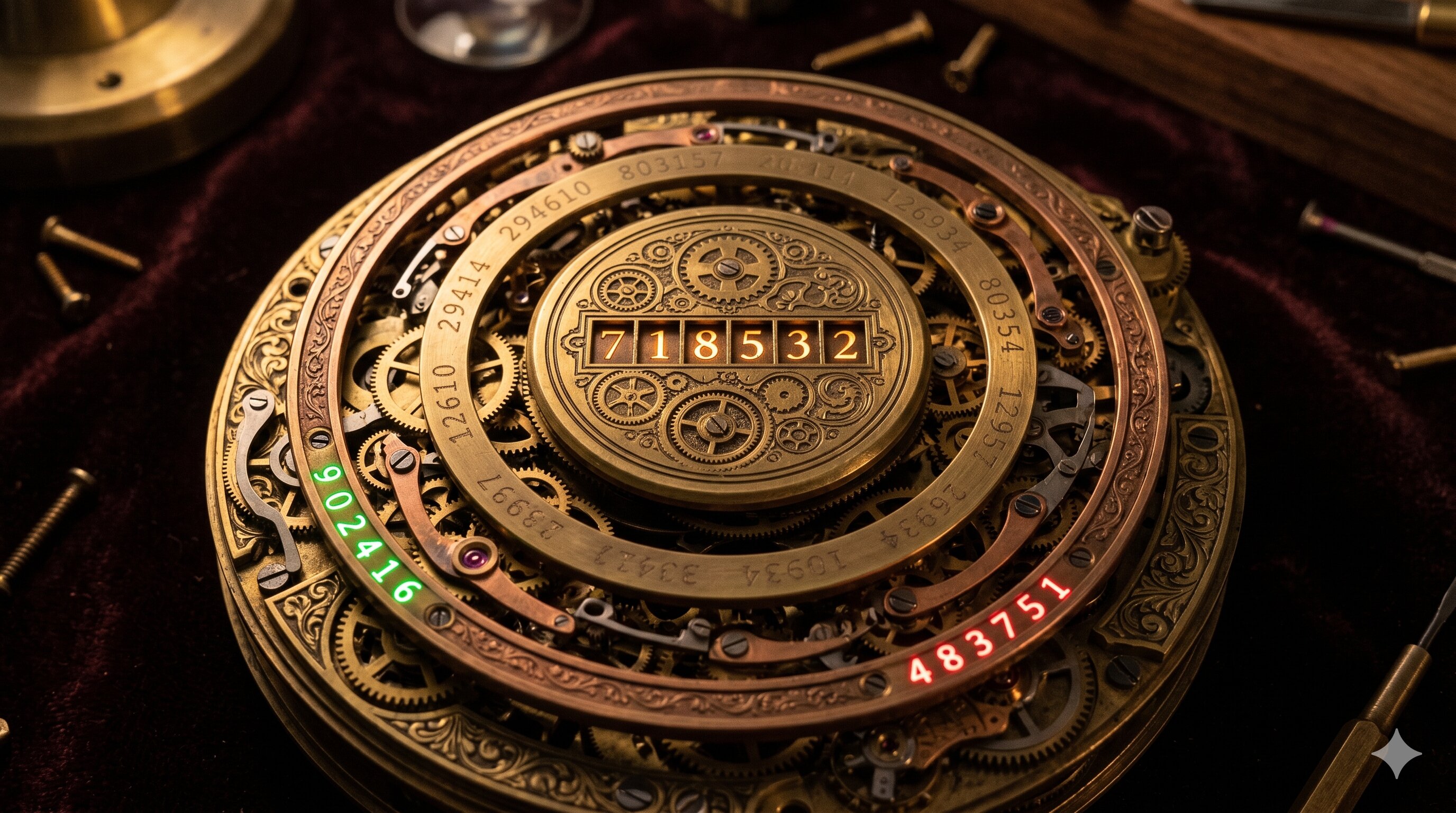 Ornate brass clockwork mechanism with rolling rings of 6-digit codes