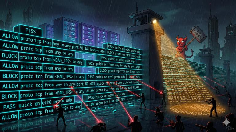 A fortress wall of glowing firewall rules with Beastie standing guard, deflecting port scanners with a ban hammer