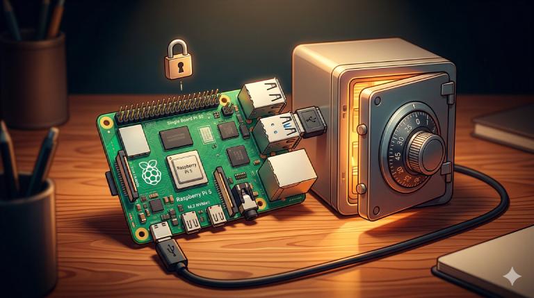 A Raspberry Pi 5 on a desk with an SSD depicted as a glowing vault, a padlock icon floating above