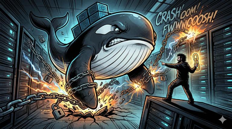 A giant Docker whale stomping through a server room, crushing iptables chains, while a furious sysadmin stands defiant on a server rack