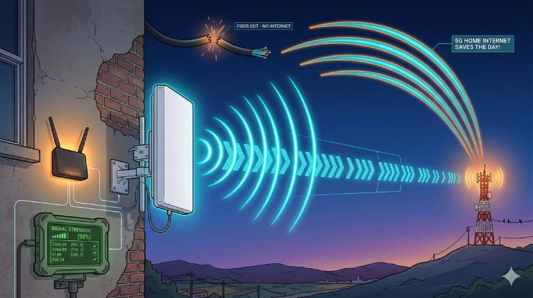 Directional antenna on a wall aimed at a cell tower, fiber cable snapping on one side while 5G waves bridge the gap