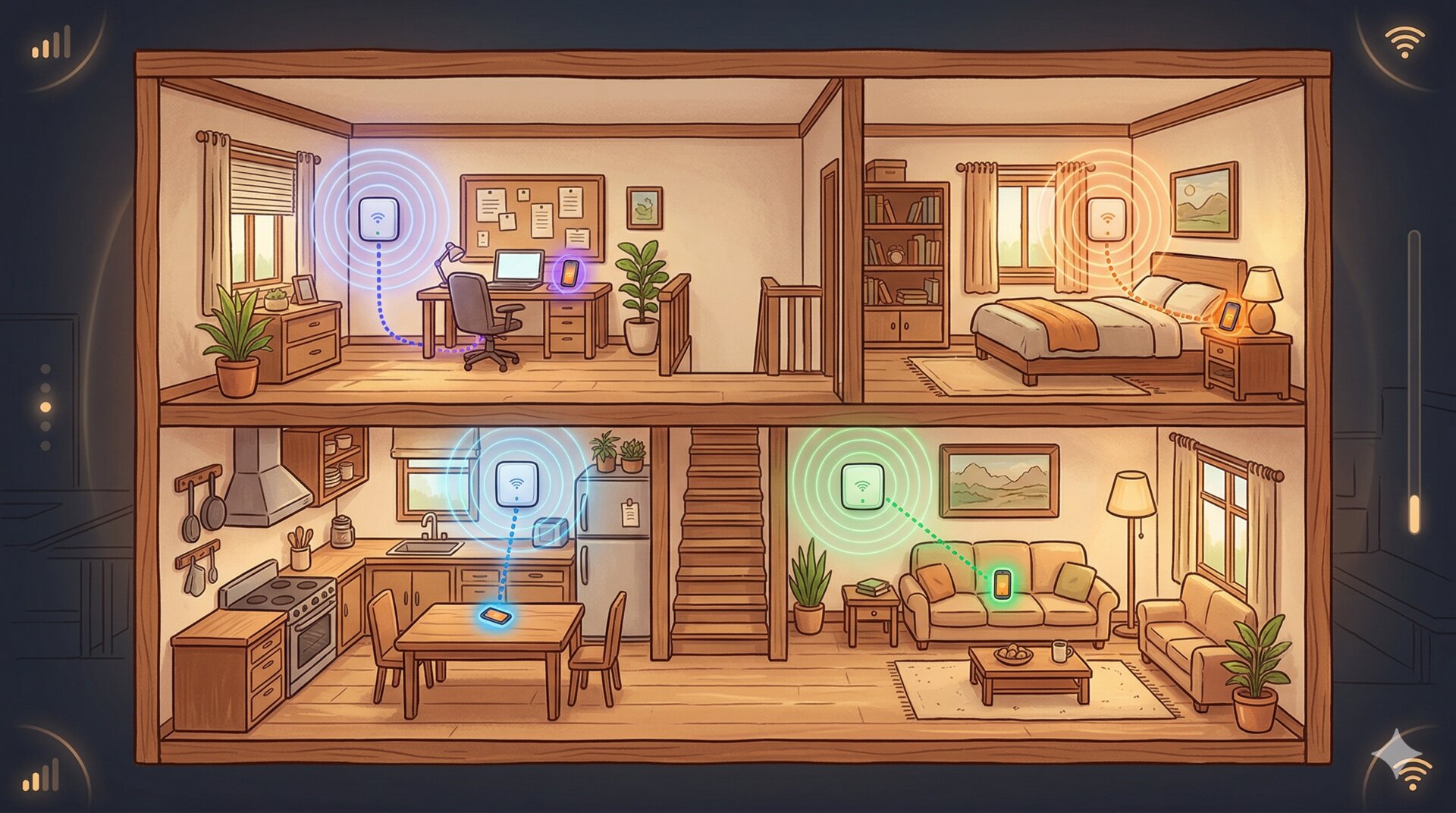 Cozy cutaway view of a multi-story home with WiFi access points in each room, phones tethered to the nearest AP by signal strength