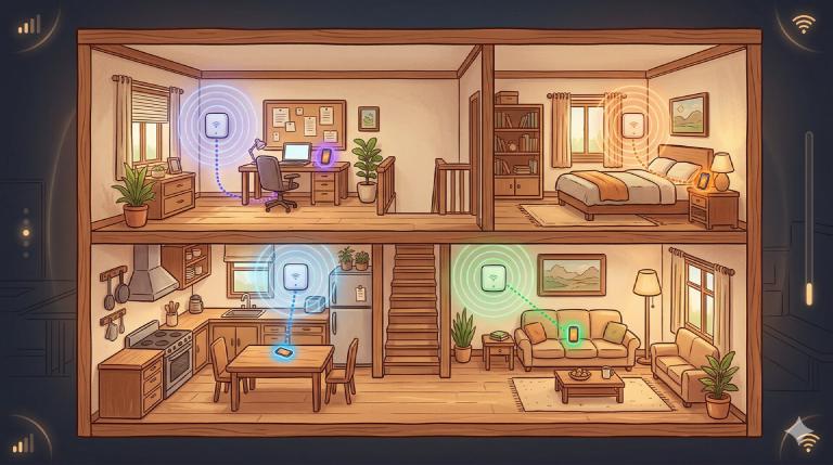 Cozy cutaway view of a multi-story home with WiFi access points in each room, phones tethered to the nearest AP by signal strength