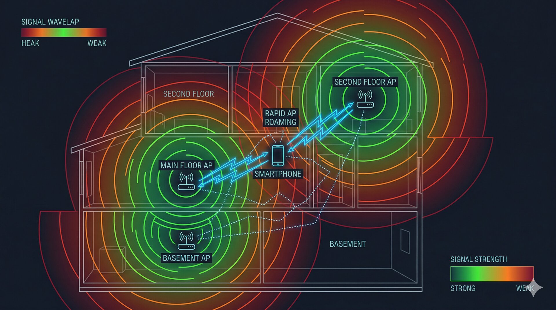 A house cross-section with WiFi access points on each floor, signal waves overlapping, and a phone bouncing chaotically between them