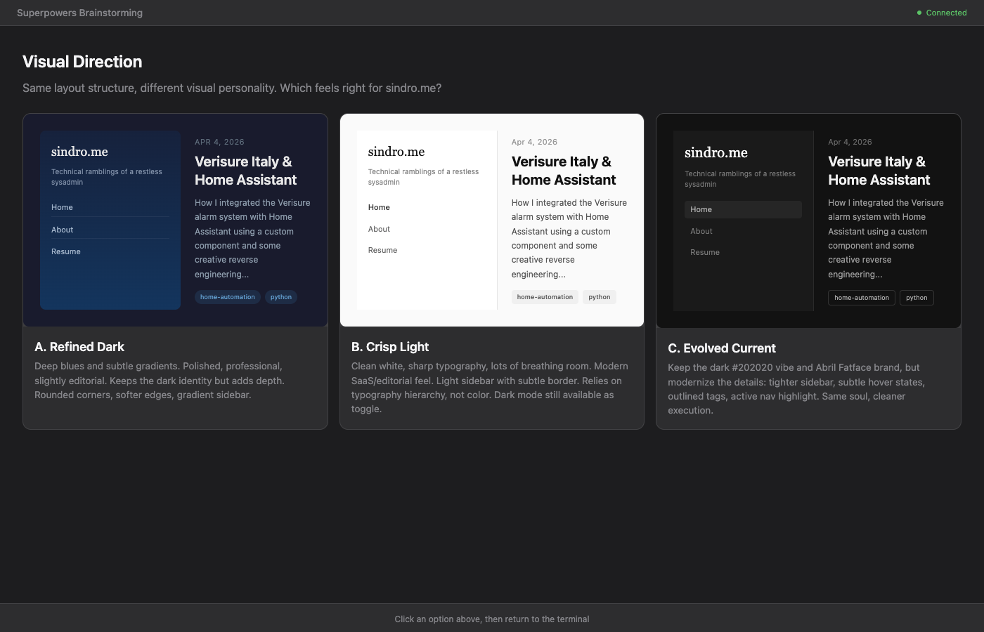 The brainstorming visual companion showing layout direction options