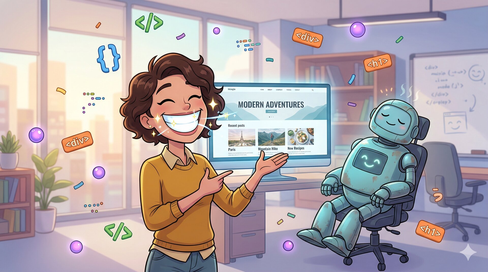 A cheerful developer with a dazzling smile in front of a redesigned blog, while a fulfilled AI robot rests in the background surrounded by floating code tokens