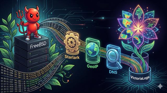 BSD daemon with telemetry flowing through an enrichment pipeline into VictoriaLogs