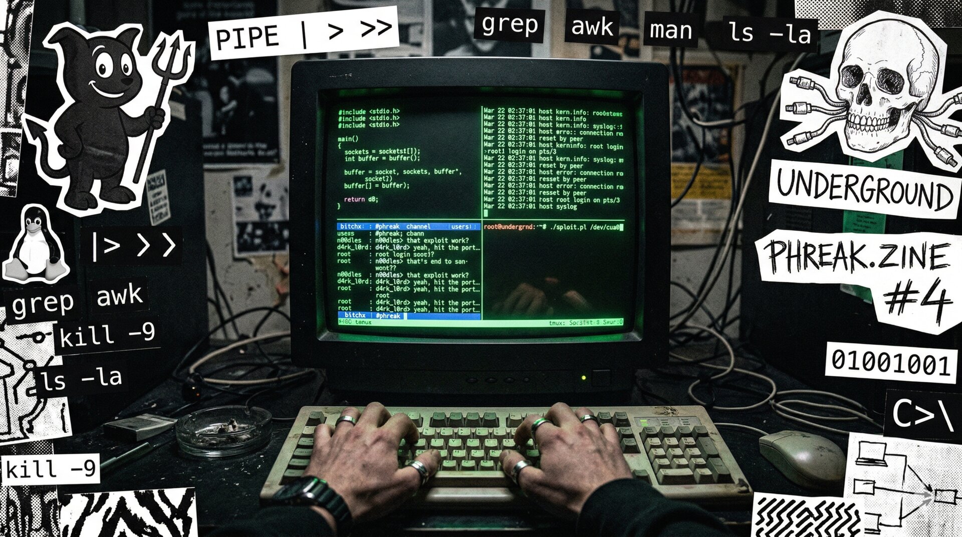A grungy underground zine-style illustration of hands on a keyboard, green phosphor terminal glow, Unix iconography collaged around the edges