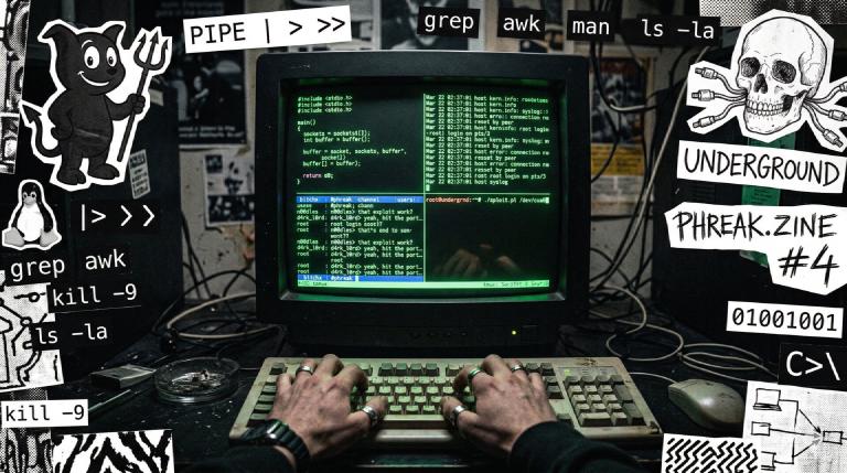 A grungy underground zine-style illustration of hands on a keyboard, green phosphor terminal glow, Unix iconography collaged around the edges
