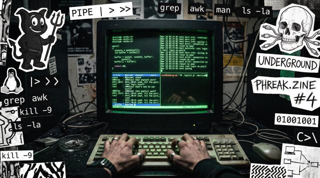 A grungy underground zine-style illustration of hands on a keyboard, green phosphor terminal glow, Unix iconography collaged around the edges