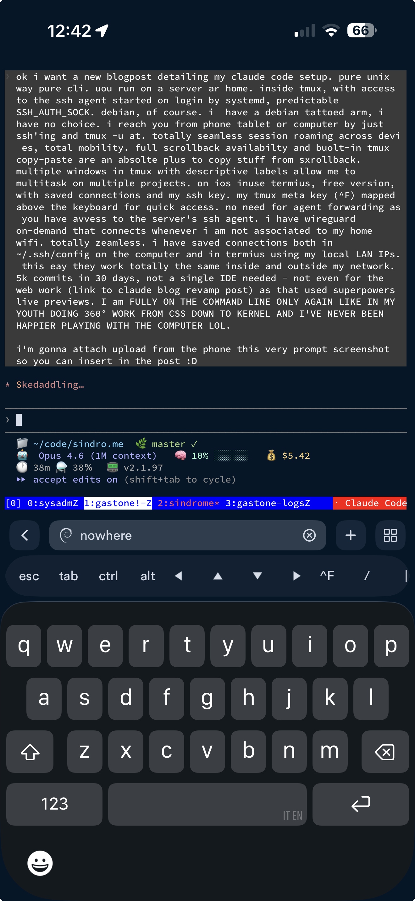 Writing this very post from my phone over SSH โ screenshot of Termius on iOS connected to Claude Code inside tmux