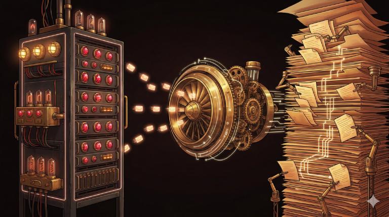 Una pipeline dati steampunk — server rack Ruby con gemme luminose, una turbina EventMachine che cattura pacchetti UDP, e pile di documenti CouchDB ordinati da braccia robotiche