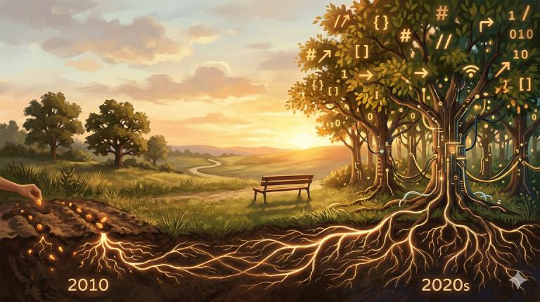 Semi piantati nel 2010 che crescono in una foresta di tecnologia moderna negli anni 2020 — radici luminose che collegano vecchie idee a nuova crescita, foglie a forma di codice, ora dorata