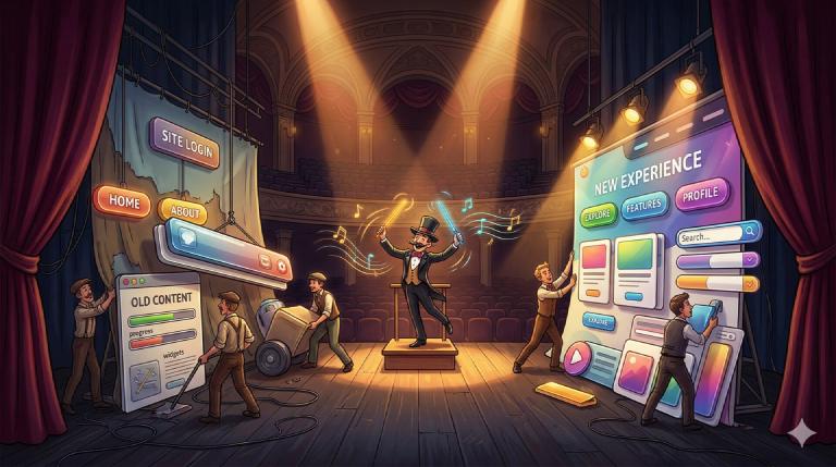 Il ciclo di vita della pagina come palcoscenico teatrale — vecchi contenuti smontati a sinistra, nuovi contenuti assemblati a destra, un direttore d&rsquo;orchestra che guida la transizione