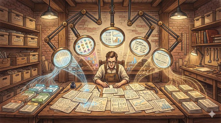 Un laboratorio artigiano — documenti sparsi su un tavolo, lenti d&rsquo;ingrandimento su bracci articolati che estraggono pattern, pile ordinate di risultati