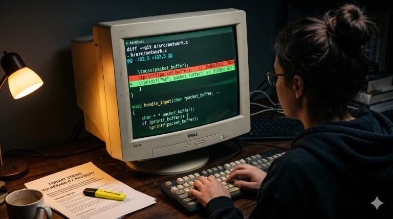 A one-line diff on a CRT monitor — one line removed in red, one added in green. Next to the keyboard, a printed security advisory and a highlighter. The format string vulnerability class gave remote root shells in the early 2000s, and the fix was always the same: never pass user-controlled data as a format string.
