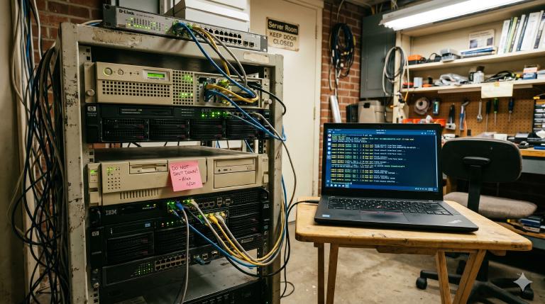 Not a data center — just someone keeping old infrastructure alive because they care. Green LEDs blinking, mixed-era hardware, a laptop with a git log open. The feeling of a community project that refuses to die.