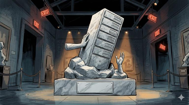 A monument to error reporting: a server toppling silently in a museum, no alarms, no warnings, a blank plaque. The comedy of software that fails without telling you why.