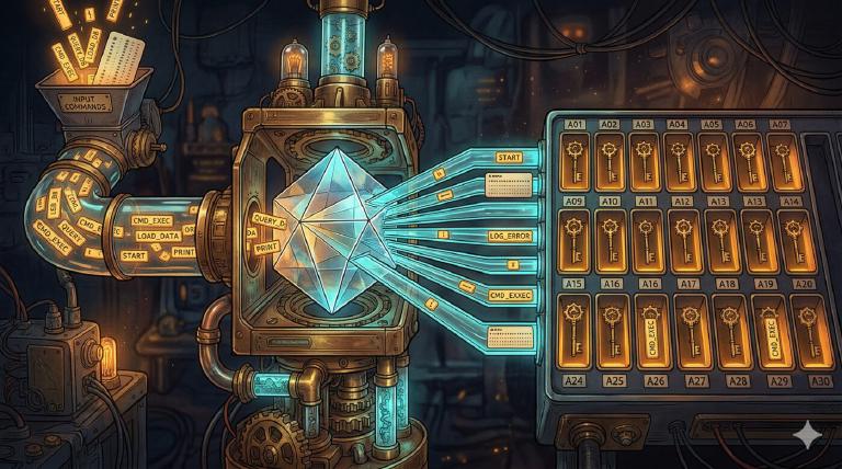 A perfect hash function visualized: commands enter a crystalline prism and refract into exactly one slot each — no collisions, no searching.