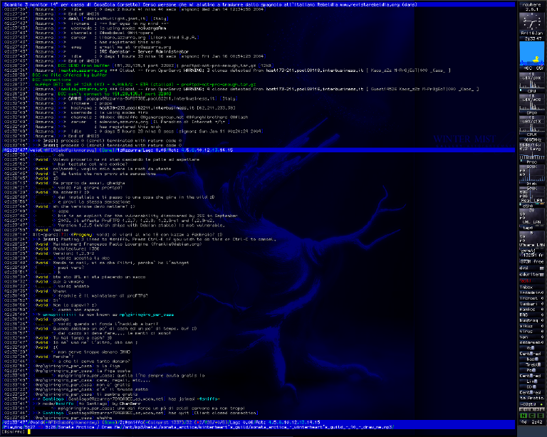 irssi on Azzurra, January 2004 — an actual screenshot from the machine where this code was written. Blue terminal, Italian IRC chatter, the status bar at the bottom. This was the world.
