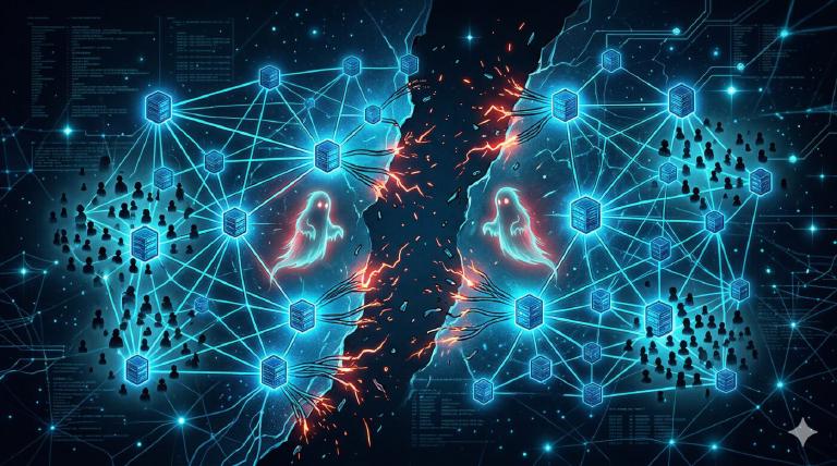 A netsplit visualized: two clusters of servers tearing apart, ghost figures appearing on both sides — the same nickname, owned by two different users, a collision waiting to happen.