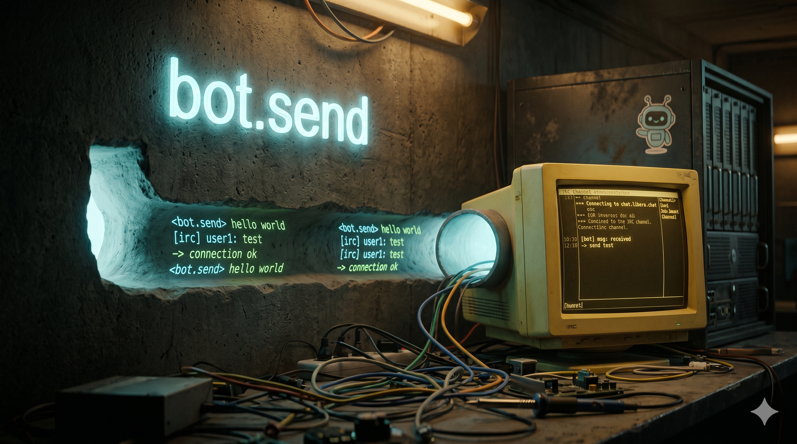 A glowing FIFO pipe labeled bot.send feeding a CRT showing an IRC channel, tangled ethernet around it