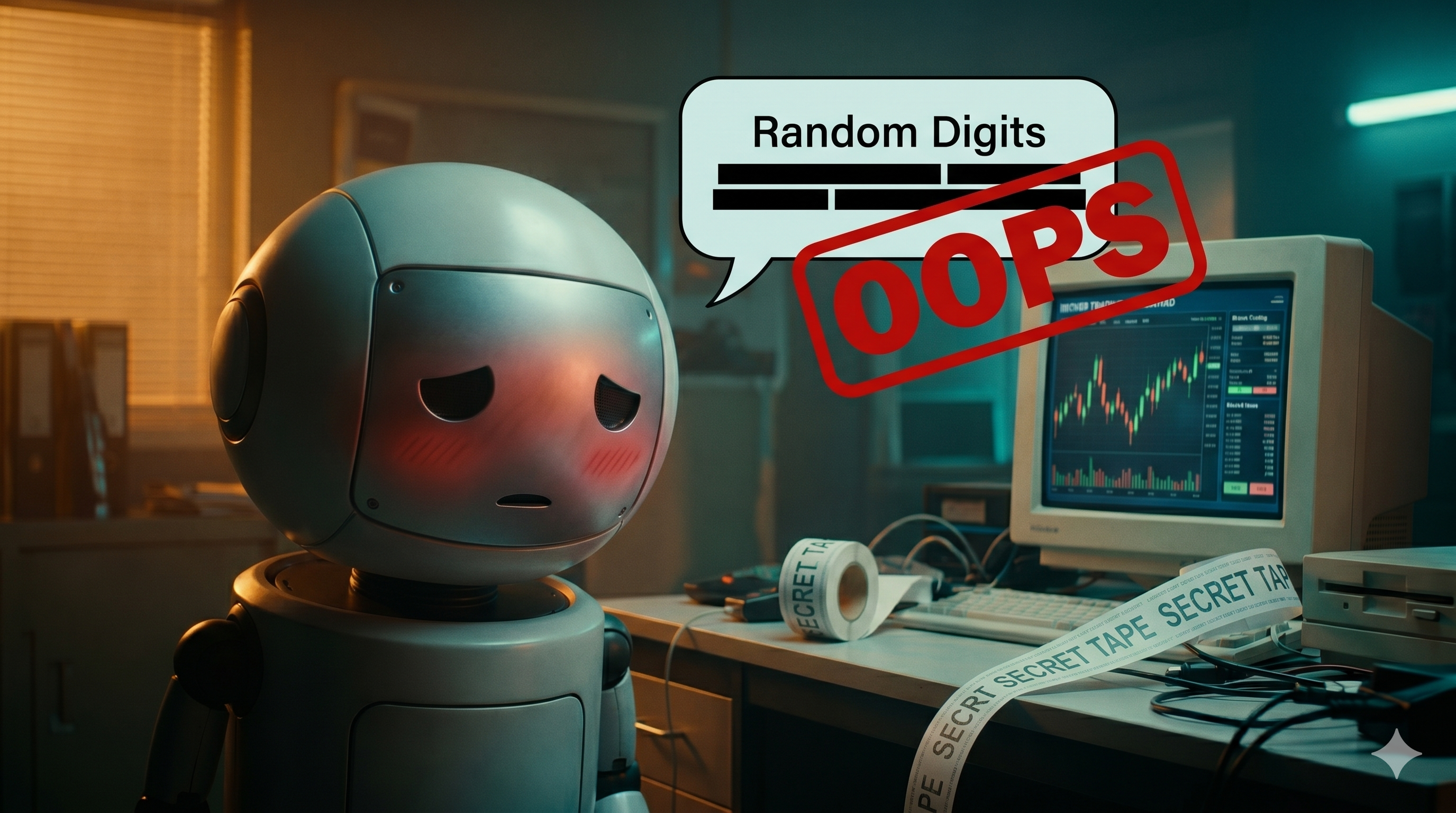 A blushing robot with a redacted account number in a speech bubble, OOPS stamped over it, broker dashboard in background