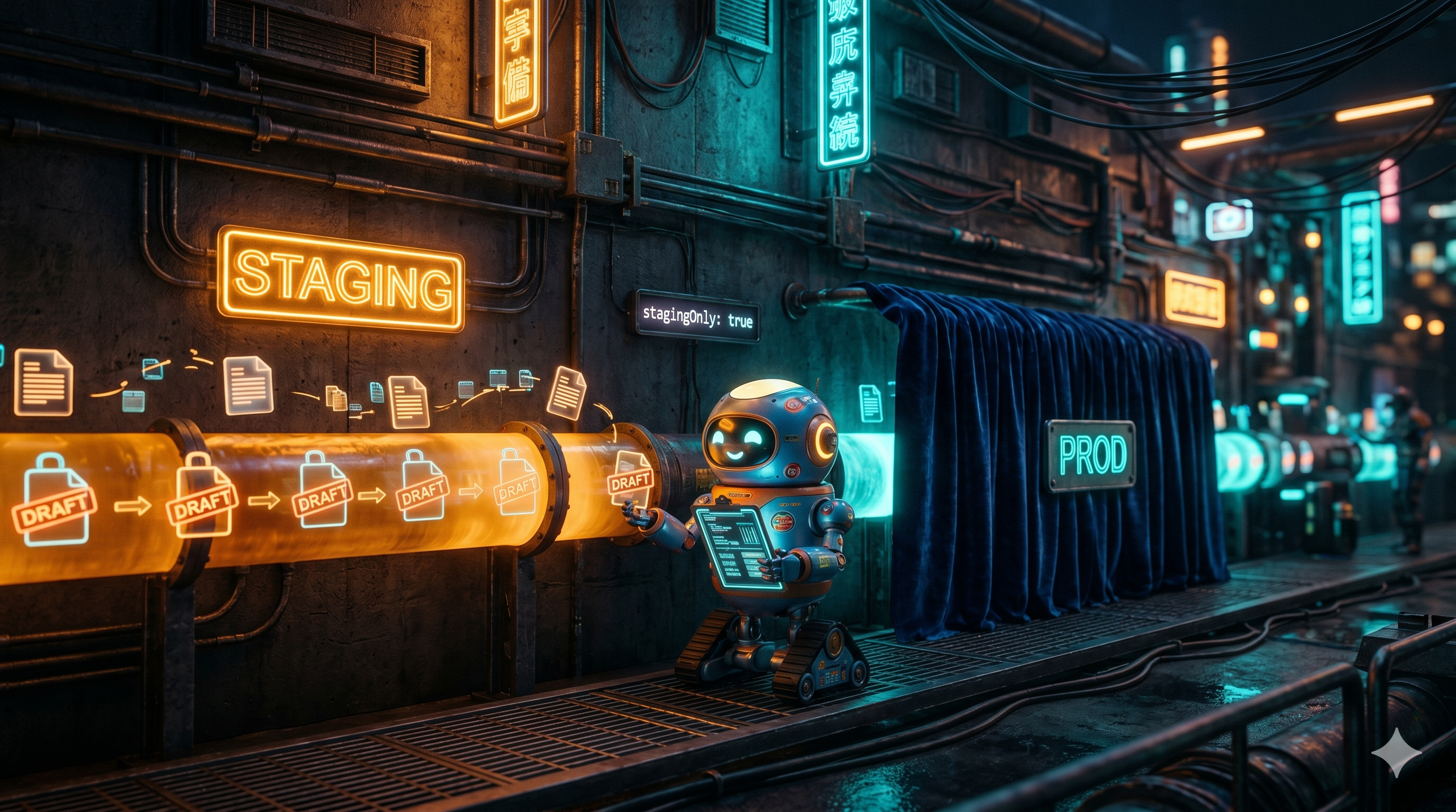 Two parallel pipelines — amber STAGING visible carrying DRAFT-stamped docs, PROD hidden behind a velvet curtain; robot with clipboard between them