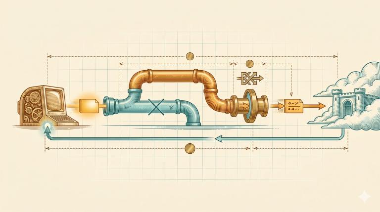 Engraved-plate illustration in amber and teal on cream blueprint grid: a horizontal flow diagram. On the left, a small antique computer terminal with brass cogs visible emits a glowing amber data packet. The packet meets a teal pipe drawn faintly and crossed out (the dead path), then re-routes through a parallel amber pipe. The pipe terminates in a brass lens or transformer that visibly rewrites the packet's identification mark. The packet then arrives at a fortified cloud-castle on the right. A thin teal arrow flows back along the bottom of the frame to the terminal, where a small bright bloom of light depicts a fresh new connection. Faint dotted measurement lines and circular brass tags annotate the path