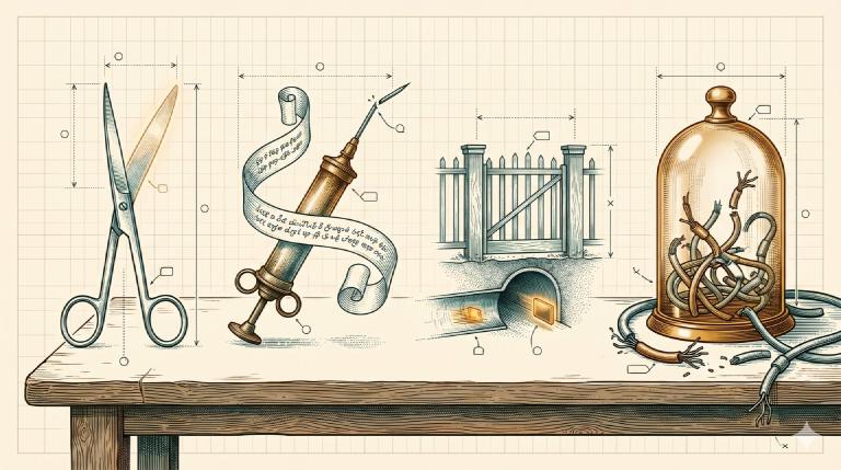 Engraved-plate illustration in amber and teal on cream blueprint grid: four discarded surgical instruments laid on a wooden workbench. Left to right: a pair of fine scissors with a fractured tip, an antique syringe with a curling scroll of cipher pinned to it, a small fence section with a hidden tunnel beneath it carrying a glowing data packet, and a brass bell jar containing a tangle of severed network conduits. Each instrument is tagged with a circular brass marker; faint dotted measurement lines and arrows annotate the bench