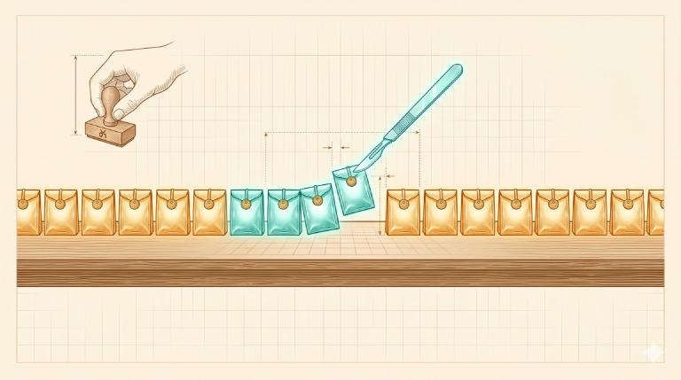 Engraved-plate illustration in amber and teal on cream blueprint grid: a long horizontal row of small luminous packet-envelopes on a workbench. Most glow warm amber and are intact; a contiguous run in the middle glows cool teal and is being delicately lifted away one by one by a precise floating scalpel of light, leaving the bare grid exposed beneath them. Inset top-left: a hand pressing a carved wooden stamp inscribed with a small abstract glyph. Faint dotted measurement lines and tiny annotation arrows around the gap