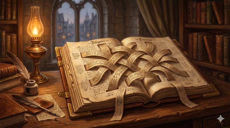 An ornate leather-bound ledger open on a wooden desk, three woven ribbons of parchment forming a three-dimensional lattice across the pages, lit by a warm brass lamp