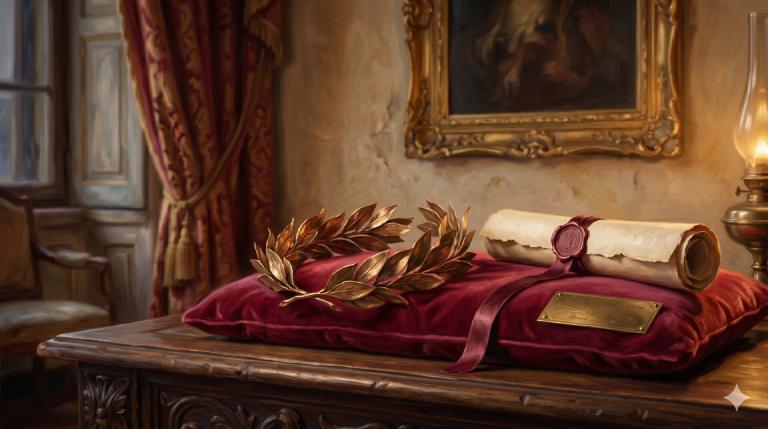 Classical still life: bronze laurel wreath, sealed parchment scroll, and brass plaque resting on a deep crimson velvet cushion on a carved wooden surface, with a gilded picture frame and an oil lamp in the palazzo background