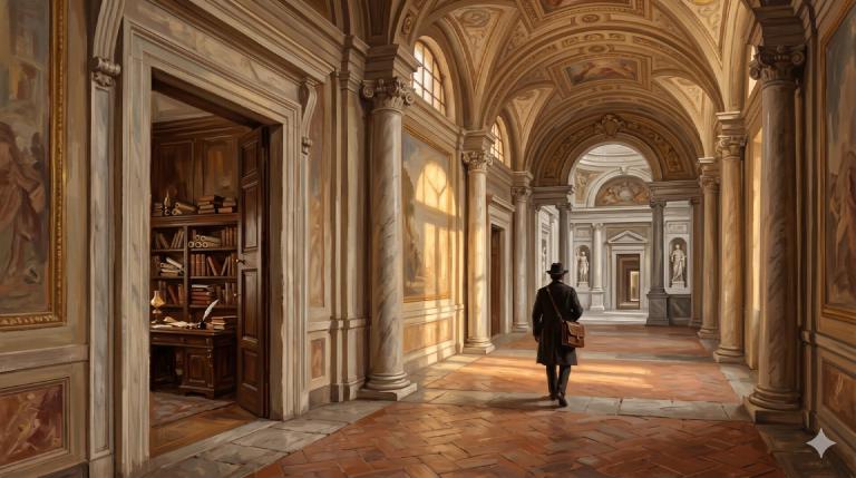 A long arcaded marble corridor in a Roman palazzo, a wood-and-books workspace glimpsed through an open doorway on the left, a single figure in dark attire walking with a satchel toward the formal wing ahead, late afternoon light slanting through clerestory windows