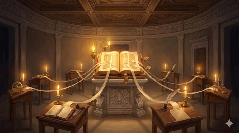 Interior of a grand Italian palazzo archive hall at night, a large open leather-bound codex on a carved marble pedestal at the center, parchment ribbons flowing toward it from smaller scribe desks arranged along the walls, each desk lit by its own brass lamp