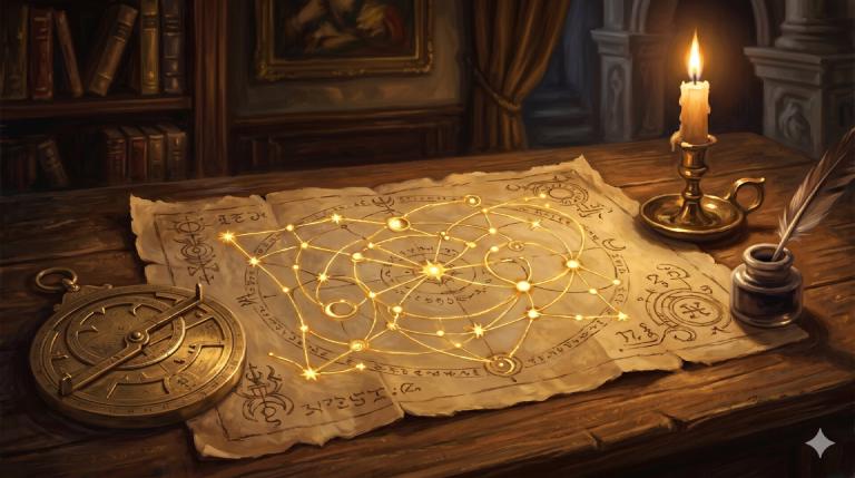 An antique parchment chart on a candlelit table showing a constellation-like network of glowing golden nodes connected by luminous threads with visible loops, a brass astrolabe to the left and a quill in an inkwell to the right